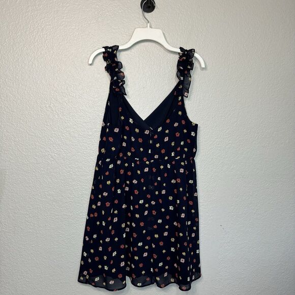 Madewell Babydoll Dress 10 Floral Navy Mini Ruffle Surplice Sleeveless Coquette - Picture 2 of 9